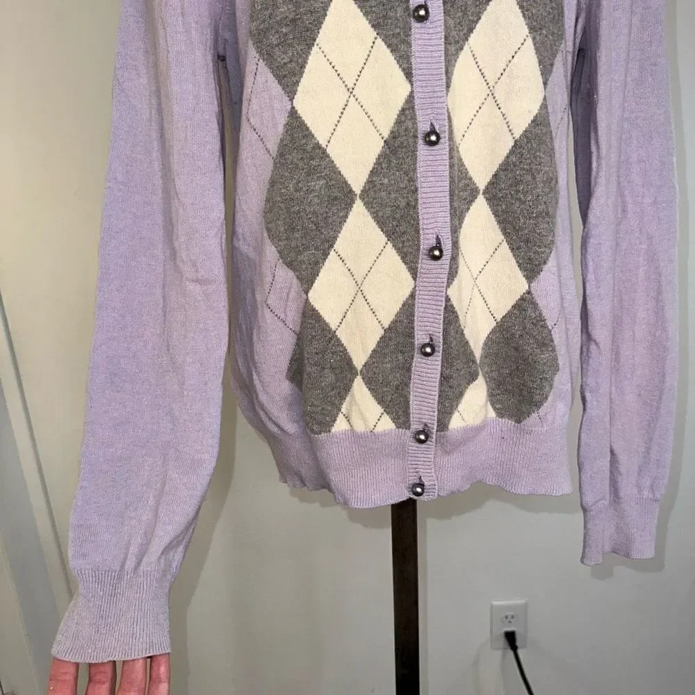 Talbots Womens Lambswool Angora Blend Purple Argyle Sweater Cardigan Cozy Chic‎